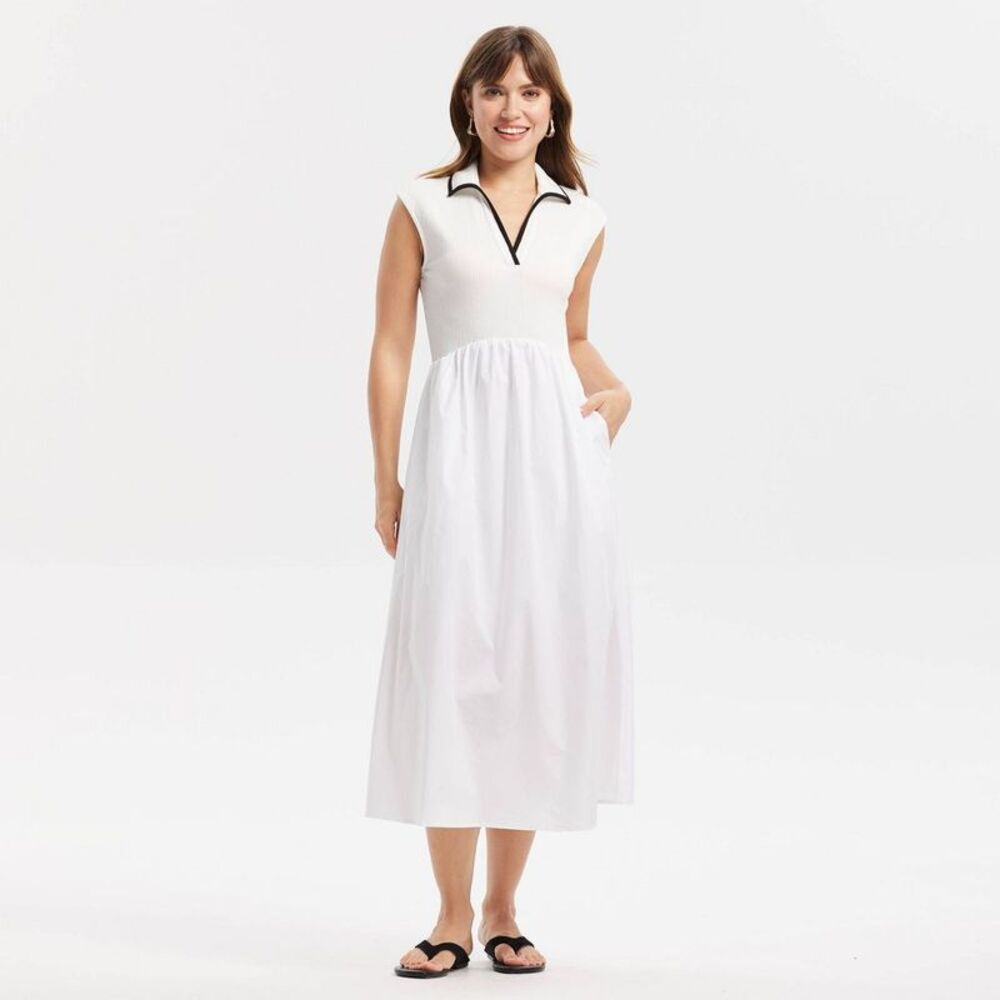 Women's Contrast Collar Midi A-Line Dress - A New Day White XS